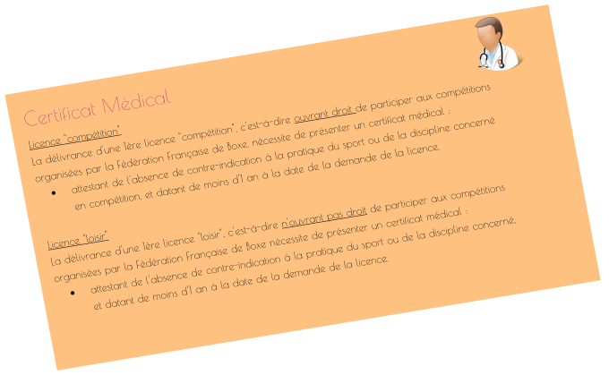 Certificat Médical Licence "compétition" La délivrance d'une 1ère licence "compétition", c'est-à-dire ouvrant droit de participer aux compétitions  organisées par la Fédération Française de Boxe, nécessite de présenter un certificat médical : •	attestant de l'absence de contre-indication à la pratique du sport ou de la discipline concernéen compétition, et datant de moins d'1 an à la date de la demande de la licence.  Licence "loisir" La délivrance d'une 1ère licence "loisir", c'est-à-dire n'ouvrant pas droit de participer aux compétitions  organisées par la Fédération Française de Boxe nécessite de présenter un certificat médical : •	attestant de l'absence de contre-indication à la pratique du sport ou de la discipline concerné, et datant de moins d'1 an à la date de la demande de la licence.